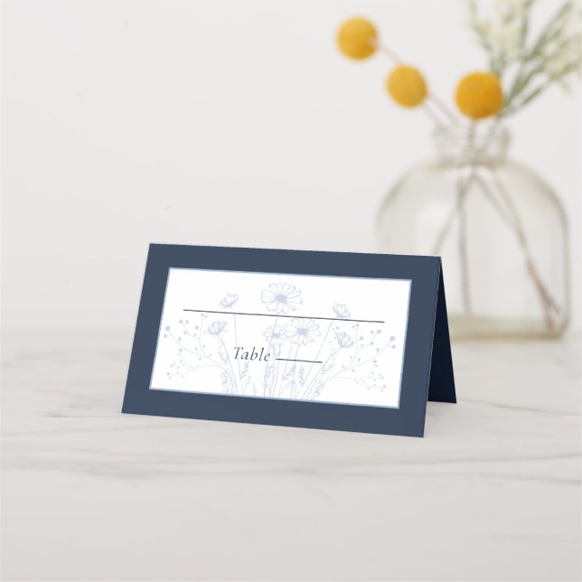 Tarjeta De Asiento Boda Mínimo de Flor Silvestre Oscura Azul Delicada (Anverso)