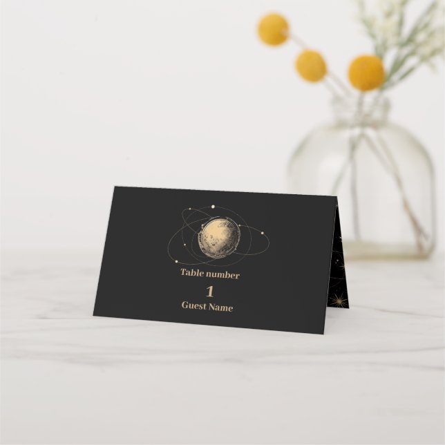 Tarjeta De Asiento Boda místico de galaxia celeste de oro negro (Anverso)