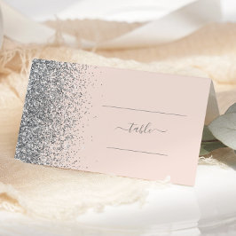 Tarjeta De Asiento Boda moderna con borde de purpurina plateada y ros