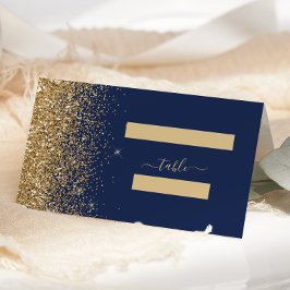 Tarjeta De Asiento Boda moderna con brillo dorado y borde azul marino