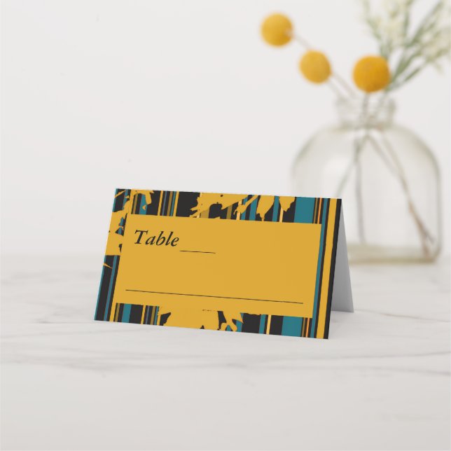 Tarjeta De Asiento Boda moderna de girasol azul teal y oro (Anverso)