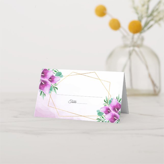Tarjeta De Asiento Boda moderna geométrica con lirio de cala púrpura (Anverso)