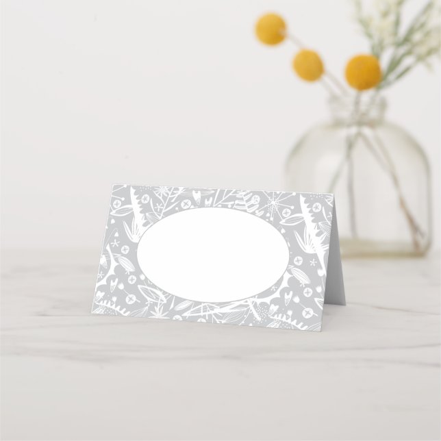 Tarjeta De Asiento Boda moderno de gris plateado botánico (Anverso)