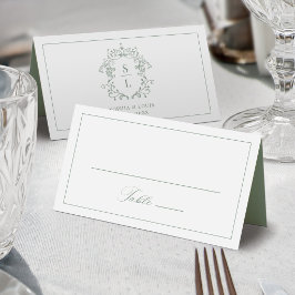 Tarjeta De Asiento Boda Monograma Cresta Barroco Elegante Verde Salvi