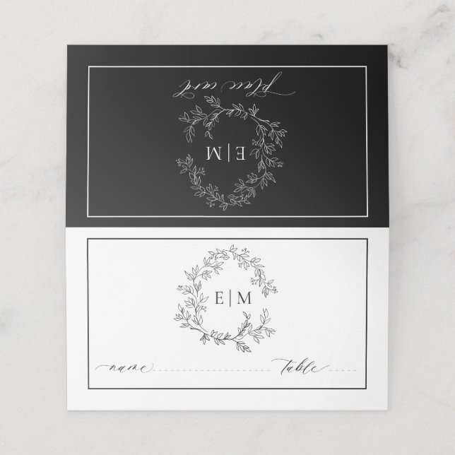 Tarjeta De Asiento Boda Monograma del Escudo de Leafy Negro Blanco (Exterior desplegado)