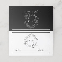 Tarjeta De Asiento Boda Monograma del Escudo de Leafy Negro Blanco