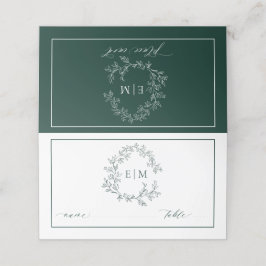 Tarjeta De Asiento Boda Monograma del Escudo Esmeralda Green Leafy