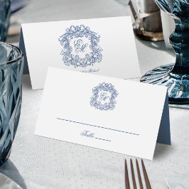 Tarjeta De Asiento Boda Monograma Escudo de color azul elegante