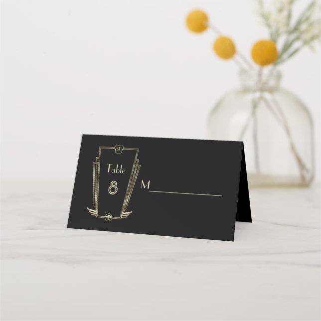 Tarjeta De Asiento Boda Monograma Real Art Deco Gold (Anverso)