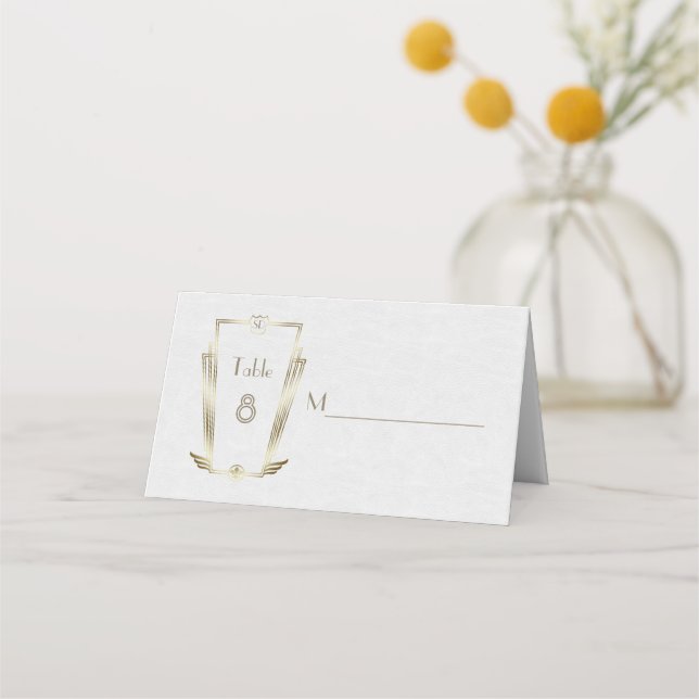 Tarjeta De Asiento Boda Monograma Real Art Deco Gold (Anverso)