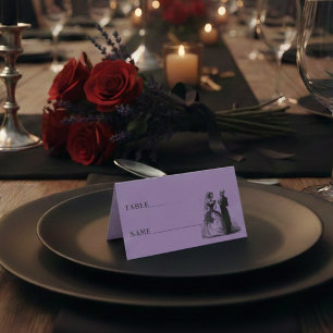 Tarjeta De Asiento Boda Morada Vintage Gótica Negra Toile Esqueleto