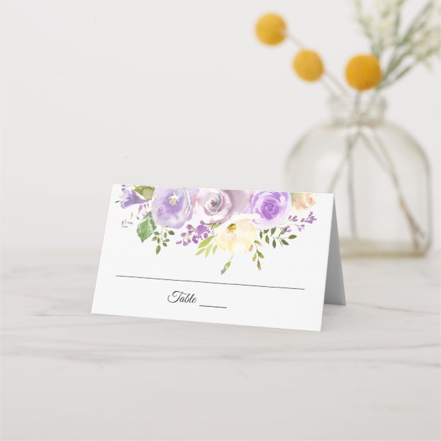 Tarjeta De Asiento Boda morado de lavanda floral acuarela (Anverso)