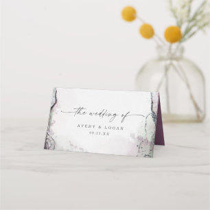 Tarjeta De Asiento Boda morado y verde de acuarela abstracta moderna