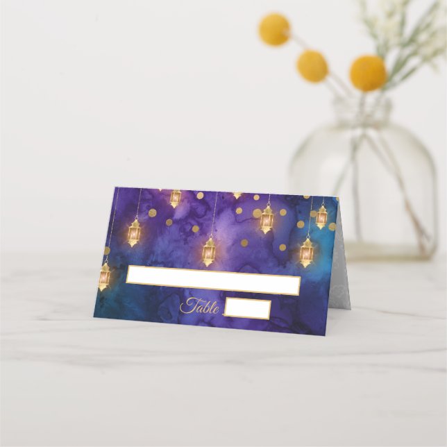 Tarjeta De Asiento Boda Mystic Purple Blue Fairy Bokeh Gold (Anverso)