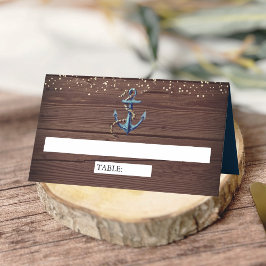 Tarjeta De Asiento Boda náutica ancla de madera rústica azul marino