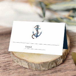 Tarjeta De Asiento Boda náutica con ancla azul marino rústica