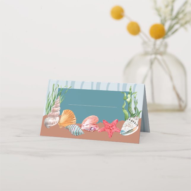 Tarjeta De Asiento Boda Nautical Blue Tropical Seashell Beach (Anverso)