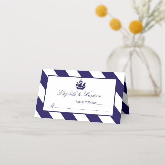 Tarjeta De Asiento Boda Nautical Stripes & Navy Blue Ship (Anverso)