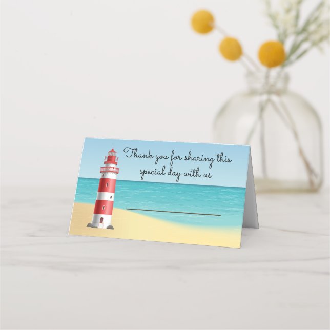 Tarjeta De Asiento Boda Náutico Faro Playa Verano Azul (Anverso)