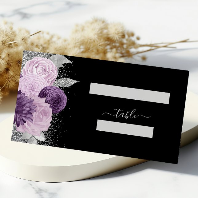 Tarjeta De Asiento Boda negro Purpurina Floral Purple Silver (Subido por el creador)