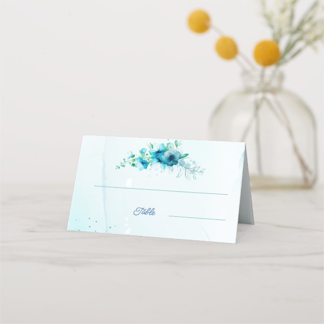 Tarjeta De Asiento Boda personalizada de Flor Azul (Anverso)
