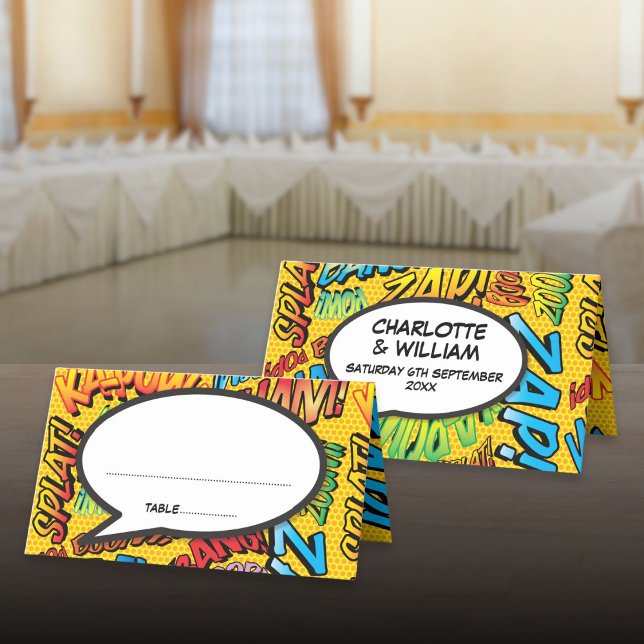Tarjeta De Asiento Boda personalizado de arte pop de historietas retr (Retro Comic Book Pop Art Personalized Wedding Place Card)