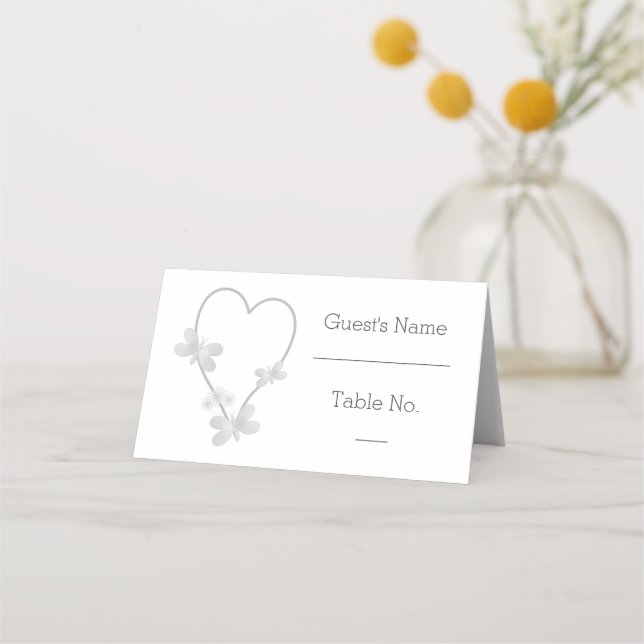 Tarjeta De Asiento Boda Place Card Plata Corazón Mariposas (Anverso)