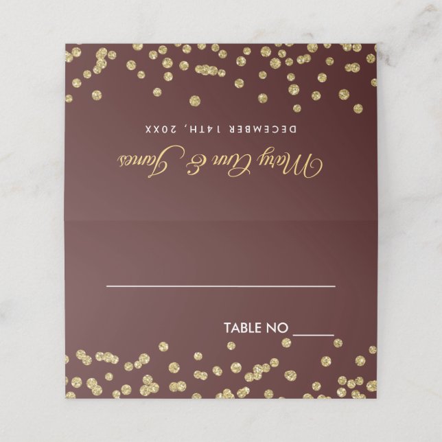 Tarjeta De Asiento Boda Placecards Gold Purpurina Confetti Marsala (Exterior desplegado)