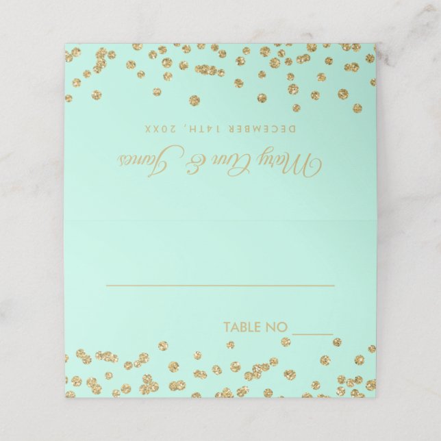 Tarjeta De Asiento Boda Placecards Gold Purpurina Confetti Mint (Exterior desplegado)