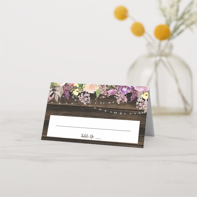 Tarjeta De Asiento Boda plegado de Rustic Purple Floral String Lights (Anverso)