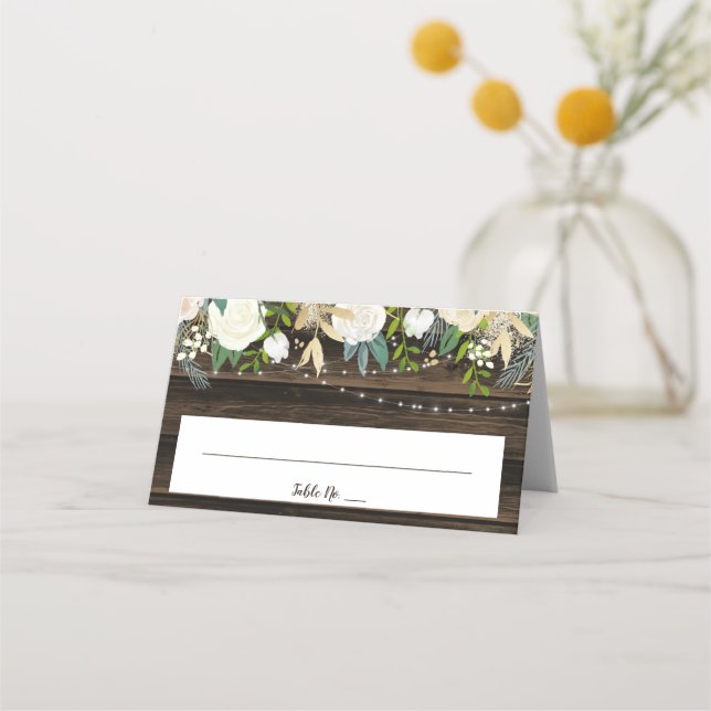 Tarjeta De Asiento Boda plegado de Rustic White Floral String Lights (Anverso)