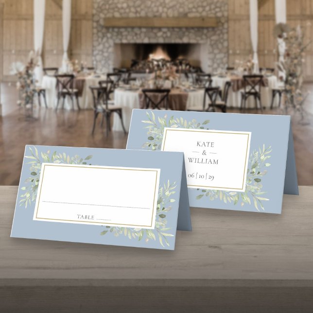 Tarjeta De Asiento Boda Polvo Azul Verde Acuarela (Watercolor Greenery Dusty Blue Wedding Place Card)