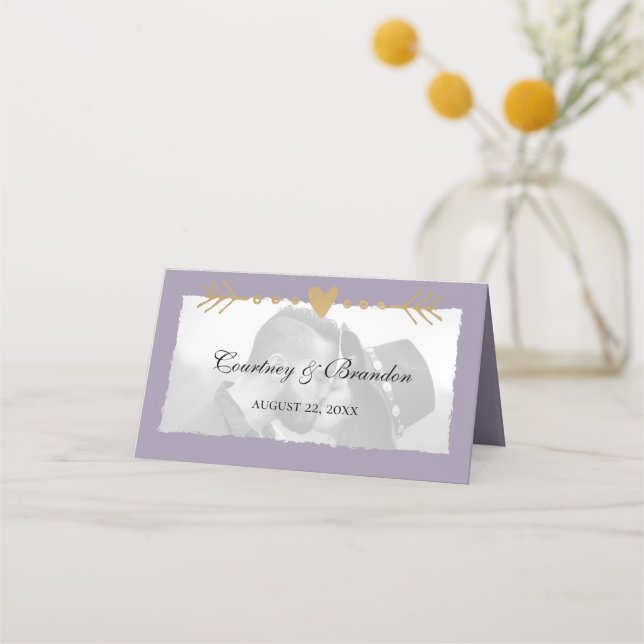 Tarjeta De Asiento Boda Purple Modern Photo Gold Hearts (Anverso)