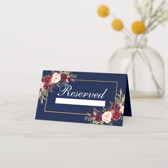 Tarjeta De Asiento Boda Reservado Floral Burgundy Blue (Anverso)