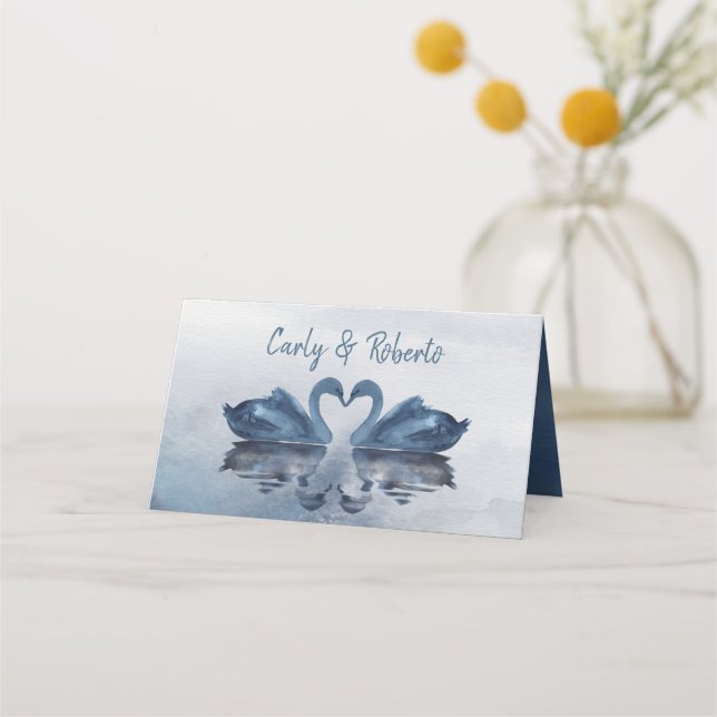 Tarjeta De Asiento Boda romántico de cisne azul (Reverso)
