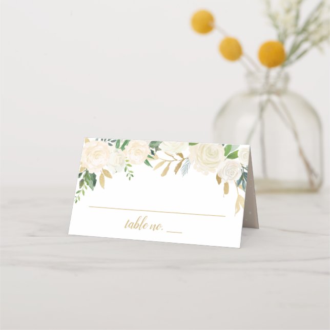 Tarjeta De Asiento Boda Rubor Gold y Green Floral (Anverso)