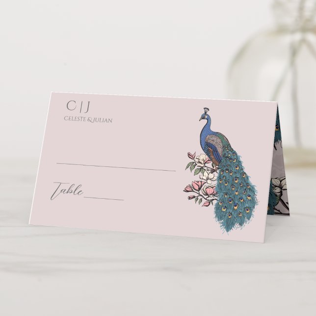 Tarjeta De Asiento Boda ruso de pavo real floral rosa de Rubor (Rustic Floral Blue Teal Peacock on Magnolia Branch in Full Bloom with Flowers in Elegant Blush Pink.)