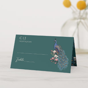 Tarjeta De Asiento Boda ruso Verde azulado floral de pavo real