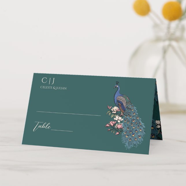 Tarjeta De Asiento Boda ruso Verde azulado floral de pavo real (Rustic Floral Blue Teal Peacock on Magnolia Branch in Full Bloom with Flowers in Elegant Teal Green.)