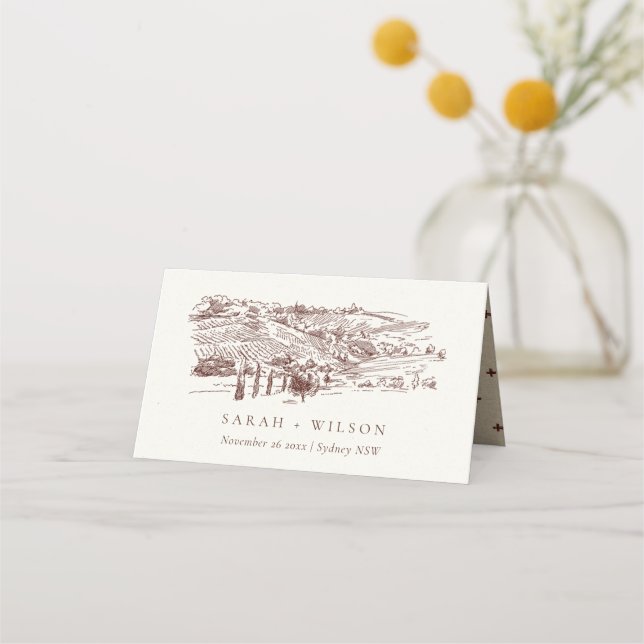 Tarjeta De Asiento Boda Rust Brown Winery Sketch  (Anverso)