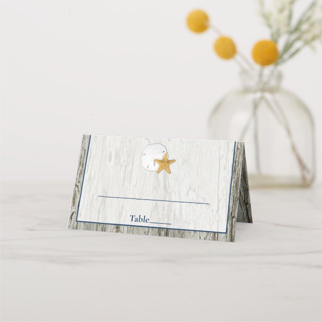Tarjeta De Asiento Boda Rustic Beach Sand Dollar Driftwood (Anverso)