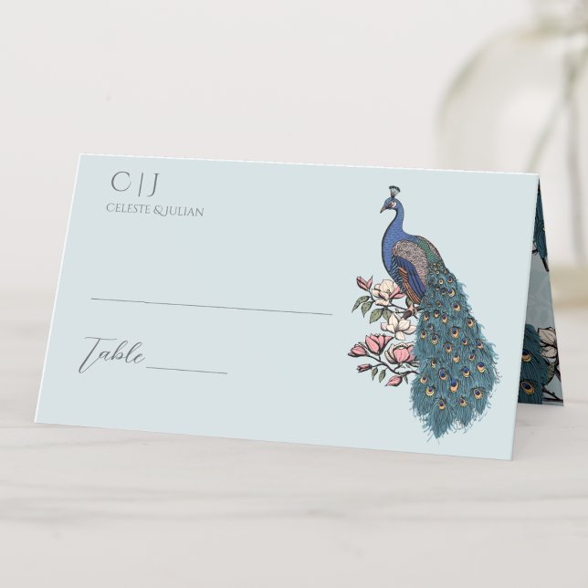 Tarjeta De Asiento Boda Rustic Floral Peacock (Rustic Blue & Teal Peacock on Magnolia Branch in Full Bloom with Blush Pink Flowers in Elegant Blue.)
