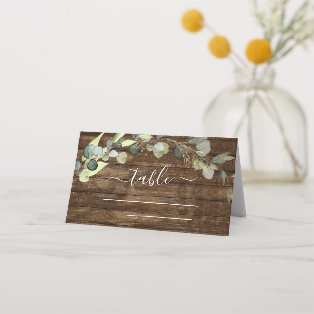 Tarjeta De Asiento Boda Rustic Wood Eucalyptus Greeneration Country (Anverso)