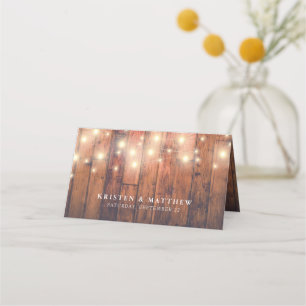 Tarjeta De Asiento Boda Rustic Wood String Lights