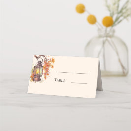 Tarjeta De Asiento Boda rústica de otoño con linterna naranja