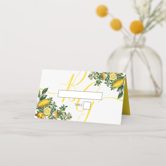 Tarjeta De Asiento Boda Rústico de Limón Amarillo y Vegetación Foliag (Anverso)