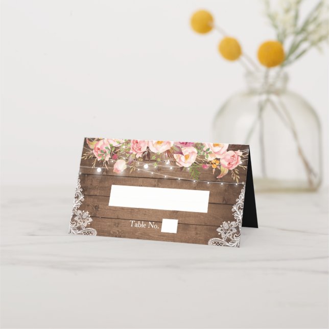 Tarjeta De Asiento Boda Rústico Floral Lace String Lights (Anverso)