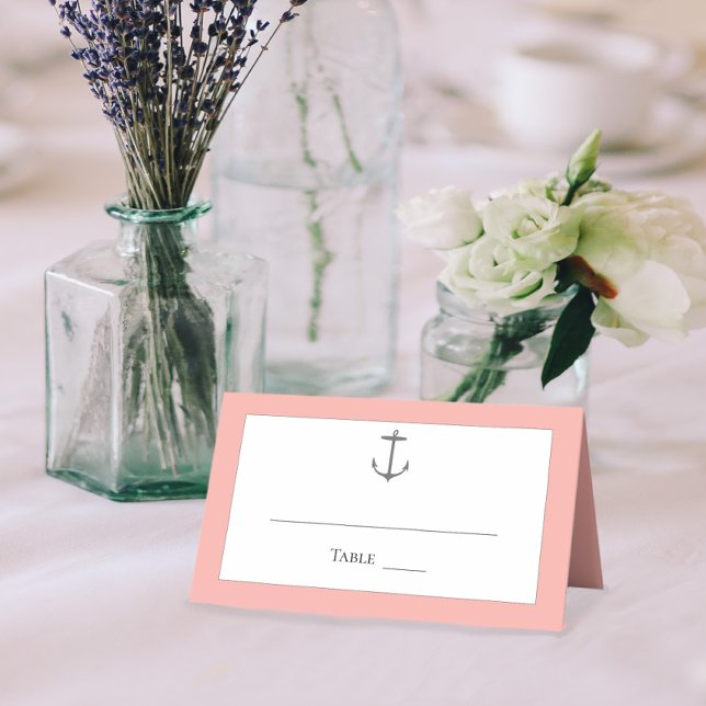 Tarjeta De Asiento Boda simple de ancla náutica | Coral (Coral Simple Nautical Anchor Wedding Place Card)