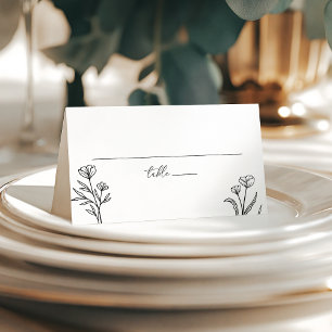 Tarjeta De Asiento Boda simple de contorno floral blanco y negro pleg