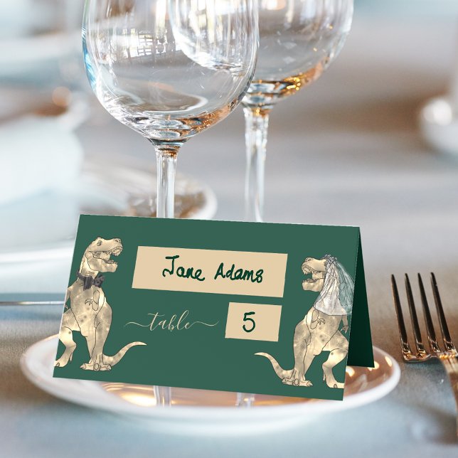 Tarjeta De Asiento Boda temática de dinosaurios verde oscuro (Dinosaur wedding dark green table place cards T-Rex dino bride and groom Jurassic wedding )